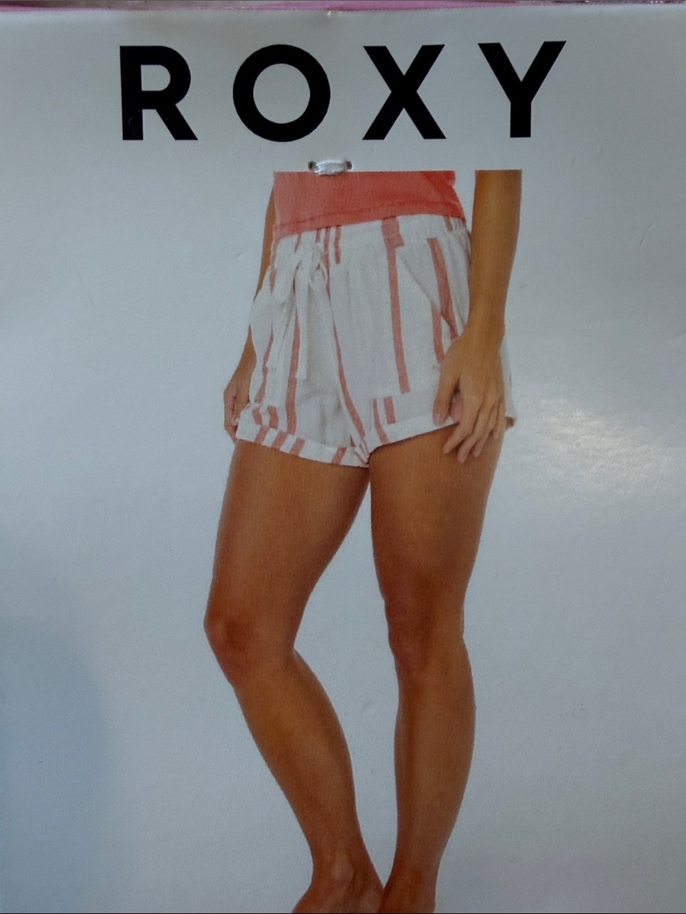 Roxy Coral and White Stripe Elastic-Waist Athletic Shorts